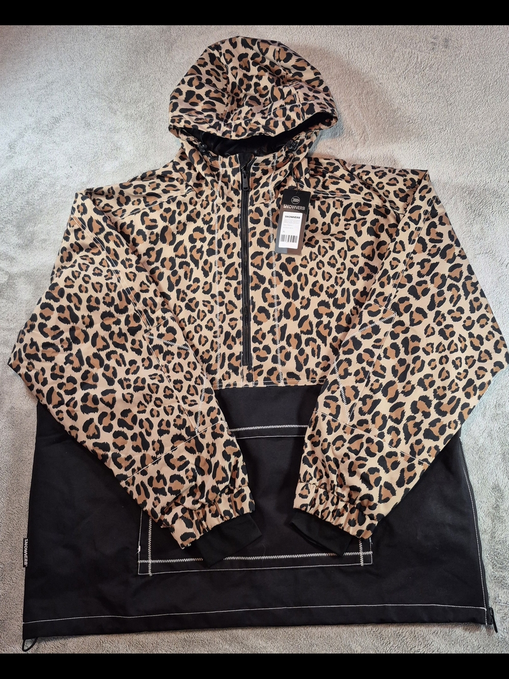 NWT Camo Print Hooded Snowboarding Jacket Tan/Black Pullover 1/2 Zip Waterproof